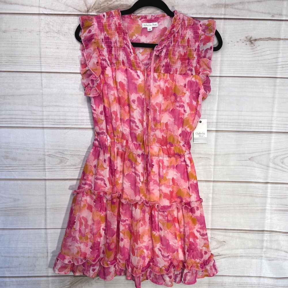 Ophelia Roe Pink Orange Floral Ruffle Tiered Mini Dress Sleeveless Small NWT